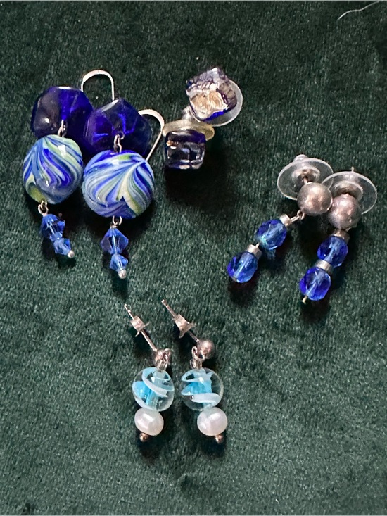 Jewelry - Handmade Blue Glass Bead Earrings (w/ sterling silver) - Set of Four